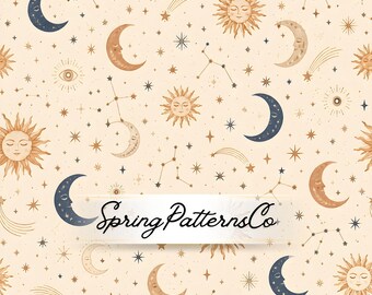 Celestial Seamless Pattern, Sun Moon Repeat Pattern, Boho Fabric Design Digital Paper