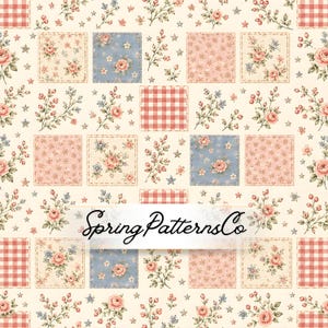 Puede incluir: Un patrón de tela repetitivo con un diseño de patchwork de cuadrados con estampados de cuadros vichy rojos, flores azules y flores rosas sobre un fondo crema. Se intercalan ramitas de bayas y pequeñas estrellas. El texto SpringPatternsCo está centrado.