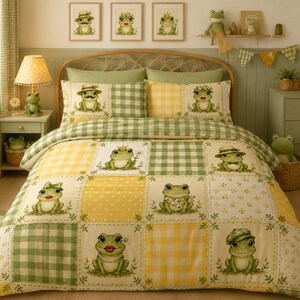 May include: A patchwork quilt cover featuring a repeating pattern of green frogs in various outfits, interspersed with yellow and green gingham and polka dot squares. The design includes frogs wearing hats, crowns, and bows, set against a light background.