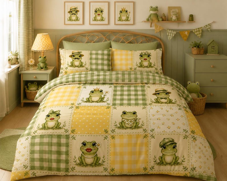 May include: A patchwork quilt cover featuring a repeating pattern of green frogs in various outfits, interspersed with yellow and green gingham and polka dot squares. The design includes frogs wearing hats, crowns, and bows, set against a light background.