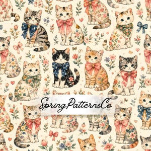 May include: A repeating pattern featuring watercolor illustrations of various cats adorned with floral patterns and bows. The cats are set against a cream background with scattered flowers and the text "Spring Patterns Co".