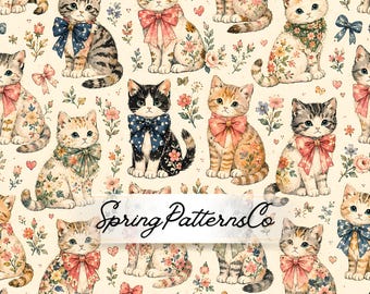 Floral Cat Seamless Pattern, Cute Kitten Repeat Pattern, Watercolor Fabric Design