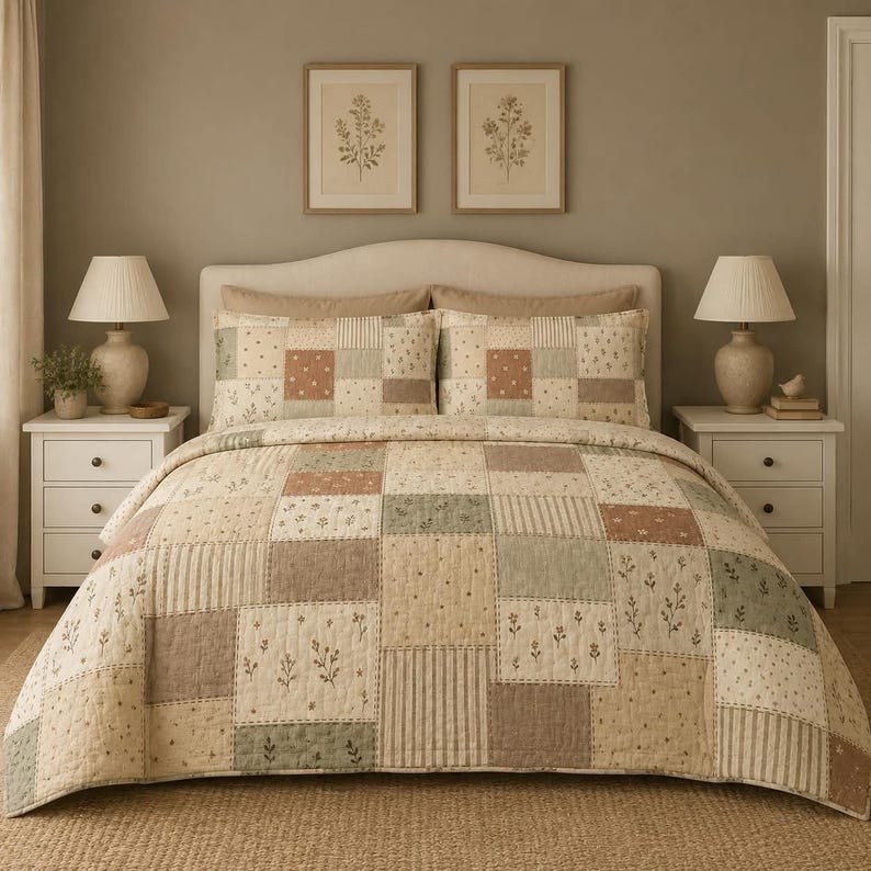 May include: A patchwork quilt and two matching pillow shams featuring a repeating pattern of squares in muted tones of sage green, beige, and dusty rose. The fabric displays various botanical prints, small floral motifs, and vertical stripes.