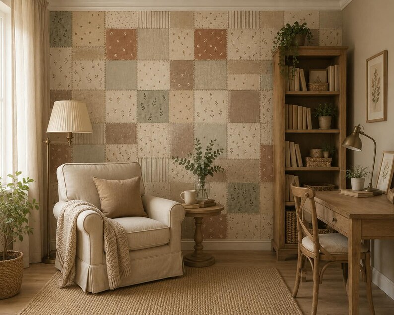 May include: A room featuring a wall covered in a patchwork wallpaper with square patterns in muted tones of beige, sage green, and terracotta. The space includes a beige armchair with a throw blanket, a wooden desk, a bookshelf, and a floor lamp.