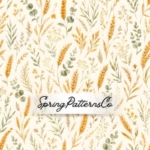 May include: A seamless pattern featuring watercolour illustrations of golden wheat stalks, small yellow wildflowers, and muted green eucalyptus leaves on a cream background. The text SpringPatternsCo is centred in a white rectangular overlay.