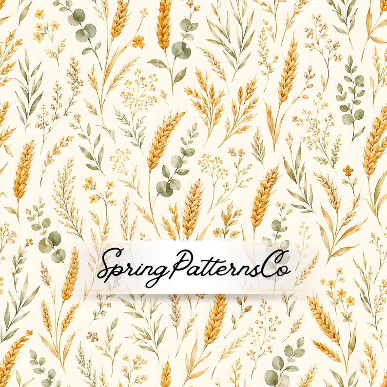 K&ouml;nnte beinhalten: Ein nahtloses Muster mit Aquarellillustrationen von goldenen Weizenhalmen, kleinen gelben Wildblumen und ged&auml;mpften gr&uuml;nen Eukalyptusbl&auml;ttern auf cremefarbenem Grund. Der Text SpringPatternsCo ist mittig in einem wei&szlig;en Rechteck platziert.