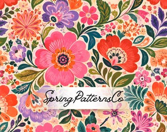 Colorful Boho Floral Seamless Pattern, Folk Art Repeat Pattern, Retro Fabric Design