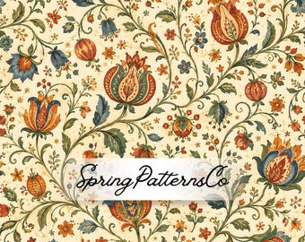 Folk Floral Seamless Pattern, Botanical Digital Paper, Vintage Flower Fabric Design,Repeat Pattern