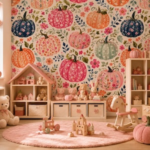 May include: A nursery room featuring wallpaper with a floral pumpkin pattern in shades of pink, orange, and blue. The room includes a wooden dollhouse, a shelving unit, a rocking horse, plush teddy bears, and a round pink rug on the floor.