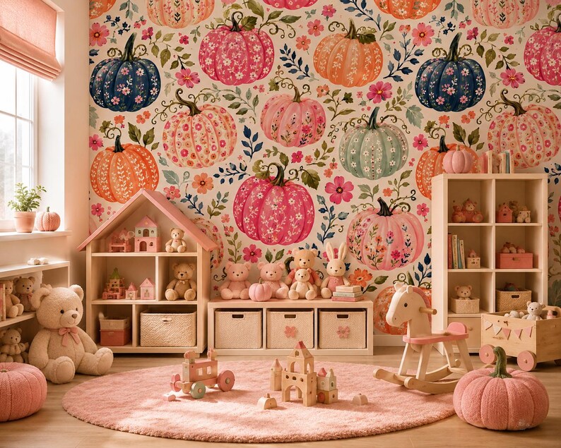 May include: A nursery room featuring wallpaper with a floral pumpkin pattern in shades of pink, orange, and blue. The room includes a wooden dollhouse, a shelving unit, a rocking horse, plush teddy bears, and a round pink rug on the floor.