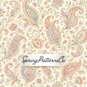 Puede incluir: Una tela de color crema con un patrón de cachemira repetitivo en tonos rosa, verde salvia y naranja suave. El diseño incluye motivos florales intrincados y formas de gota arremolinadas. El texto SpringPatternsCo está centrado.