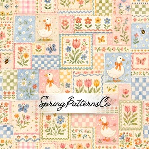 Puede incluir: Un patrón de patchwork con patos, flores, mariposas y abejas en tonos pastel. El diseño incluye cuadrados con motivos florales y cuadros vichy. El texto "Spring PatternsCo" se muestra en una fuente cursiva.