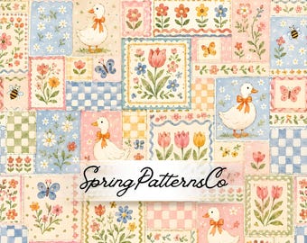Patchwork Duck Seamless Pattern, Cottagecore Repeat Pattern, Vintage Fabric Design
