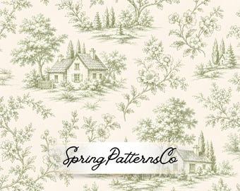 French Toile Seamless Pattern, Cottage Cottagecore Repeat Pattern, Vintage Fabric Design