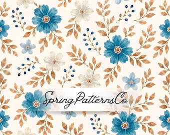 Diseño floral azul sin costuras, patrón repetitivo de flores en acuarela, papel digital para diseño de tela