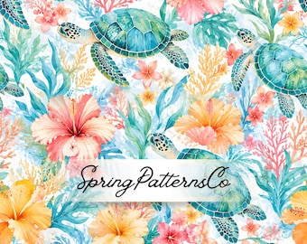 Sea Turtle Seamless Pattern, Tropical Repeat Pattern, Coastal Fabric Design, Ocean Digital Paper