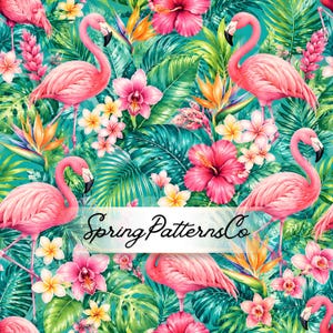 May include: A vibrant tropical pattern featuring pink flamingos, bright hibiscus flowers, orange bird of paradise blooms, and lush green palm leaves on a teal background. The text SpringPatternsCo is centered in a white rectangular overlay.