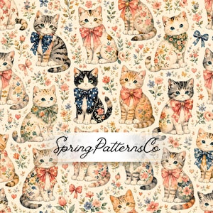 Floral Cat Seamless Pattern, Cute Kitten Repeat Pattern, Watercolor Fabric Design