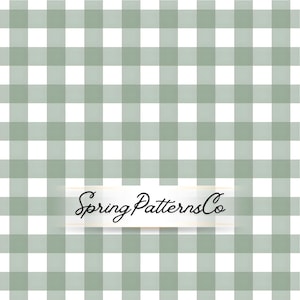 May include: A repeating gingham pattern featuring alternating squares of sage green and white. A white rectangular label is centered over the pattern, displaying the black cursive text SpringPatternsCo with thin gold horizontal lines above and below.