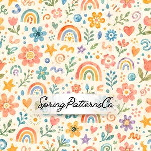 May include: A repeating pattern featuring watercolor illustrations of rainbows, flowers, hearts, stars, and leaves in pastel colors. The text "Spring Patterns Co" is displayed on a white banner across the image.