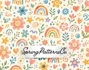 Boho Rainbow Seamless Pattern, Watercolor Floral Repeat Pattern, Fabric Design, Digital Paper