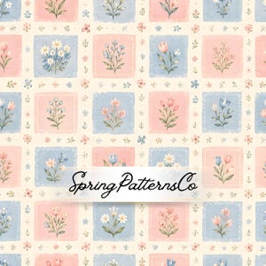 Pastel Floral Patchwork Seamless Pattern, Cottagecore Square Repeat Pattern, Baby Fabric Design