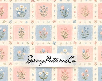 Diseño de patchwork floral en tonos pastel sin costuras, patrón cuadrado repetitivo estilo cottagecore, diseño de tela para bebés