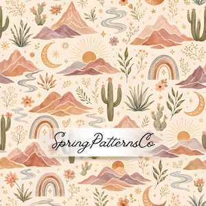 May include: A repeating pattern on a cream background featuring watercolor illustrations of mountains, cacti, suns, moons, rainbows, and winding rivers in shades of terracotta, sage green, and muted blue. The text SpringPatternsCo is centered.
