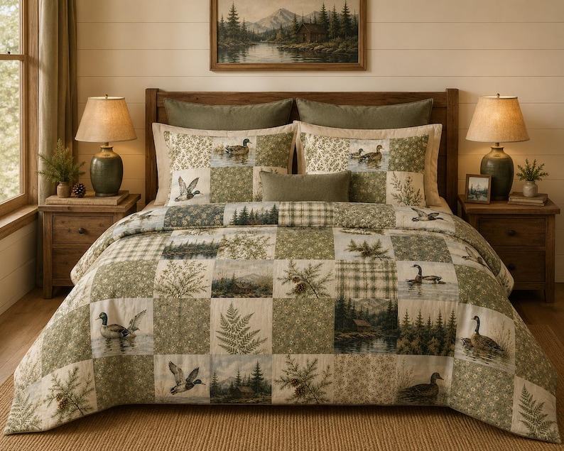 May include: A patchwork quilt and matching pillow shams featuring a repeating pattern of ducks, pine trees, mountain landscapes, ferns, and plaid squares in shades of sage green, cream, and brown, displayed on a bed with two lamps.