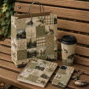 May include: A gift bag, a spiral-bound notebook, a travel mug with a black lid, a phone case, and a duck-shaped keyring, all featuring a patchwork pattern of green and brown illustrations of ducks, pine trees, mountains, and floral motifs.