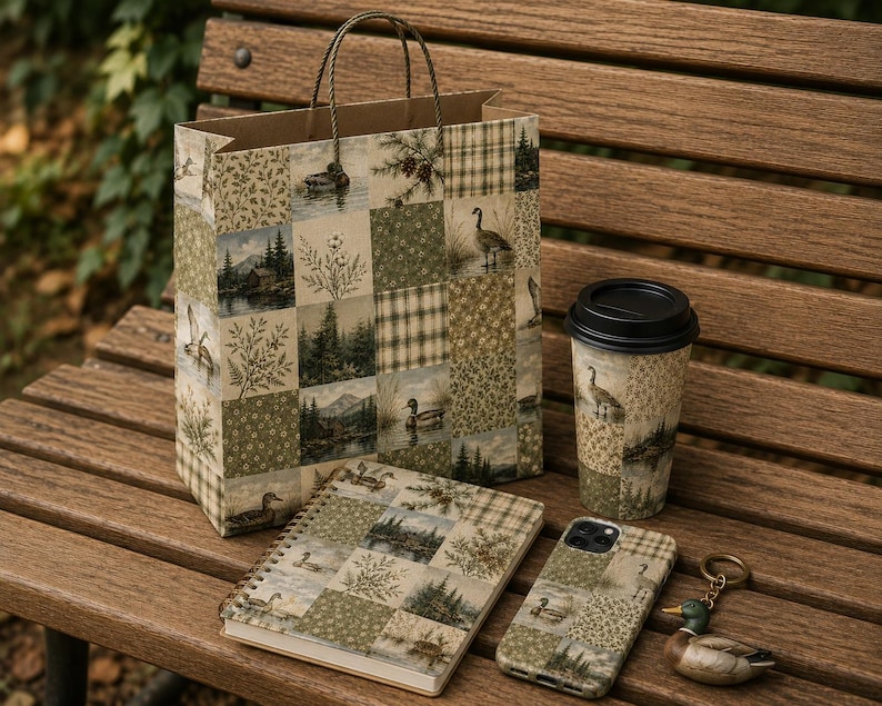 May include: A gift bag, a spiral-bound notebook, a travel mug with a black lid, a phone case, and a duck-shaped keyring, all featuring a patchwork pattern of green and brown illustrations of ducks, pine trees, mountains, and floral motifs.