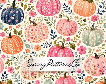 Floral Pumpkin Seamless Pattern, Pink Pumpkin Repeat Pattern, Fabric Design, Digital Paper