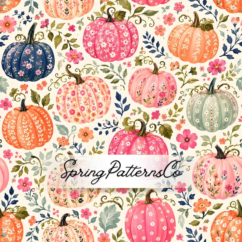 May include: A repeating pattern featuring various pumpkins in shades of pink, orange, blue, and green, decorated with white floral motifs and small flowers. The text SpringPatternsCo is centered across the image in a black cursive script font.