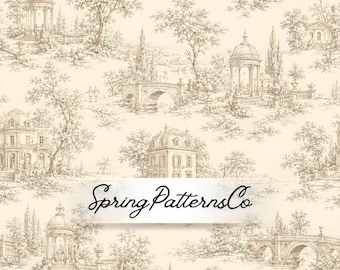 French Toile Seamless Pattern, Vintage Landscape Repeat Pattern, Neutral Fabric Design