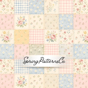 May include: A digital fabric design featuring a patchwork grid of squares with various floral prints, gingham patterns, and solid pastel colors in shades of pink, blue, yellow, and cream. The text SpringPatternsCo is centered in black script.