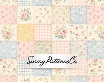 Pastel Patchwork Seamless Pattern, Floral Quilt Repeat Pattern, Cottagecore Fabric Design