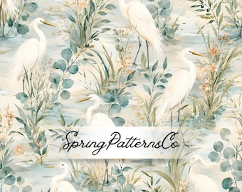 Heron Bird Seamless Pattern, Coastal Repeat Pattern, Watercolor Fabric Design