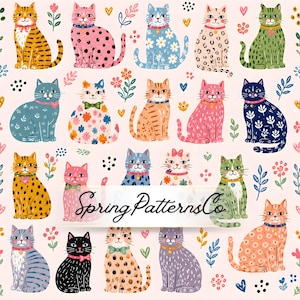 Cute Cat Seamless Pattern, Colorful Kitty Repeat Pattern, Fabric Design, Digital Paper