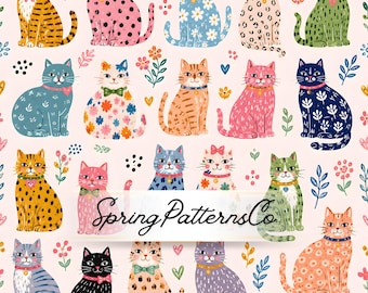 Cute Cat Seamless Pattern, Colorful Kitty Repeat Pattern, Fabric Design, Digital Paper