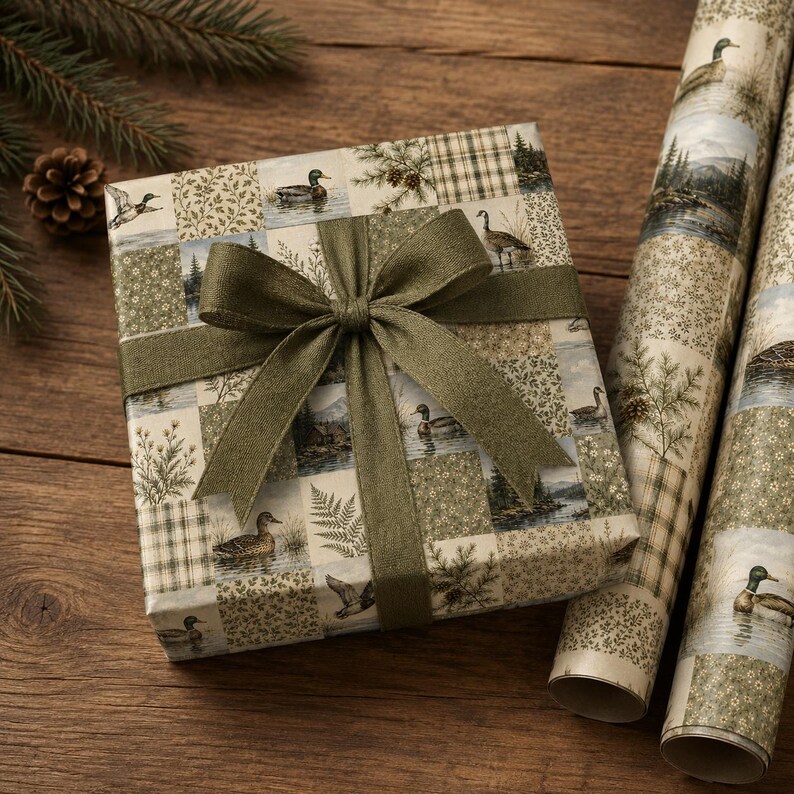 May include: A square gift box wrapped in paper featuring a patchwork pattern of mallard ducks, pine branches, and plaid designs, tied with a wide olive green ribbon. Beside the box are two rolls of the same patterned wrapping paper.