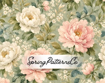 Vintage Peony Seamless Pattern, Floral Repeat Pattern, Cottagecore Fabric Design