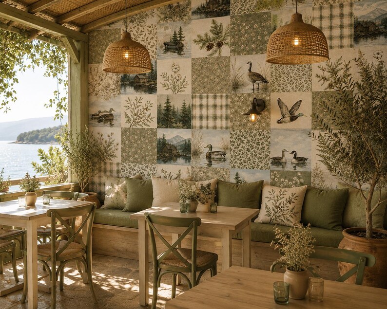 May include: A wall covered in square tiles featuring a patchwork of nature-themed illustrations including ducks, pine trees, mountains, and floral patterns in shades of green, beige, and white. The wall is set behind a wooden bench with green cushions.