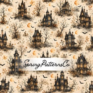 May include: A repeating pattern featuring watercolor-style haunted houses, bare trees, flying bats, and orange moons on a cream background. The text SpringPatternsCo is centered in black script over the design, which depicts multiple dark mansions.