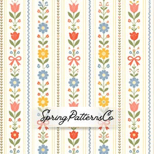 May include: A repeating floral pattern featuring vertical stripes with alternating designs of flowers, bows, and wavy lines. The flowers are in shades of red, yellow, and blue, set against a cream background. The text "Spring Patterns Co" is in the center.