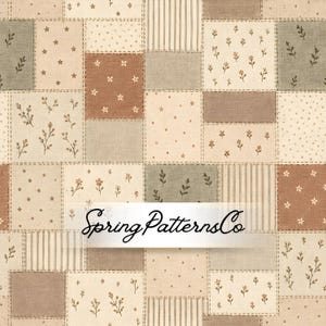 May include: A patchwork fabric design featuring rectangular and square blocks in muted tones of beige, sage green, and terracotta. The pattern includes floral motifs, small stars, polka dots, and vertical stripes. The text SpringPatternsCo is centered.