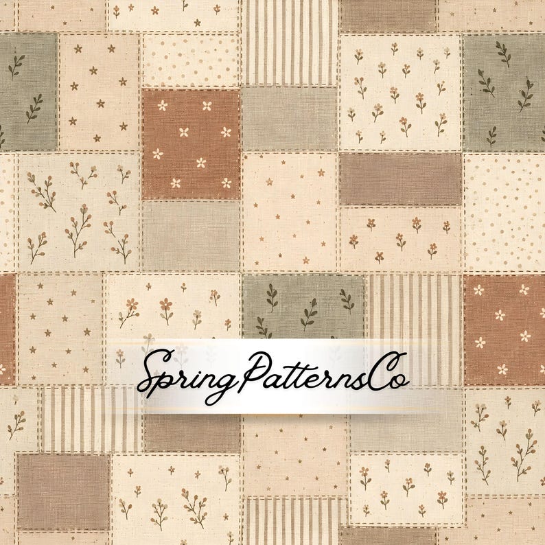 May include: A patchwork fabric design featuring rectangular and square blocks in muted tones of beige, sage green, and terracotta. The pattern includes floral motifs, small stars, polka dots, and vertical stripes. The text SpringPatternsCo is centered.