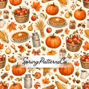 May include: A seamless pattern featuring watercolour illustrations of orange pumpkins, red apples in wooden baskets, pumpkin pies, ears of corn, wheat stalks, metal milk cans, cinnamon sticks, and autumn leaves on a cream background with the text SpringPatternsCo.