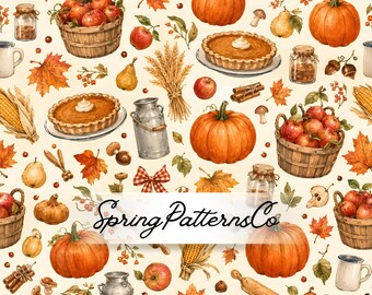 Naadloos herfstpatroon, digitaal papier met pompoenen en appels, herfstkeukenstofontwerp, herhalend patroon