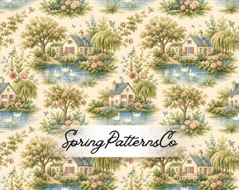 Cottage Lake Seamless Pattern, Countryside Repeat Pattern, Vintage Fabric Design