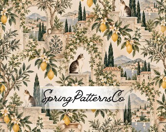 Lemon Cat Seamless Pattern, Mediterranean Villa Digital Paper, Coastal Summer Fabric Print, Repeat Pattern